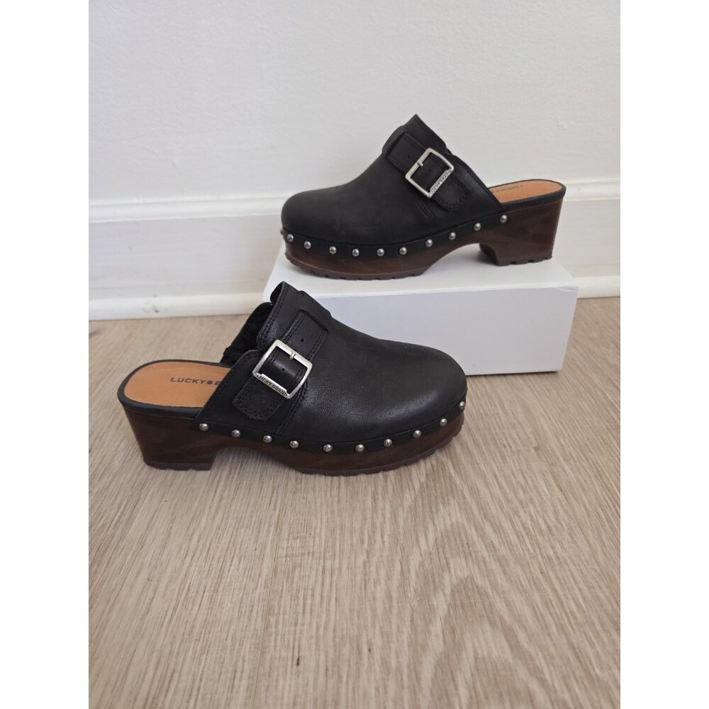 Lucky Brand Belvy Studded Clogs Buckle Shoes 6 Black Slip On Chunky Y2K 90s